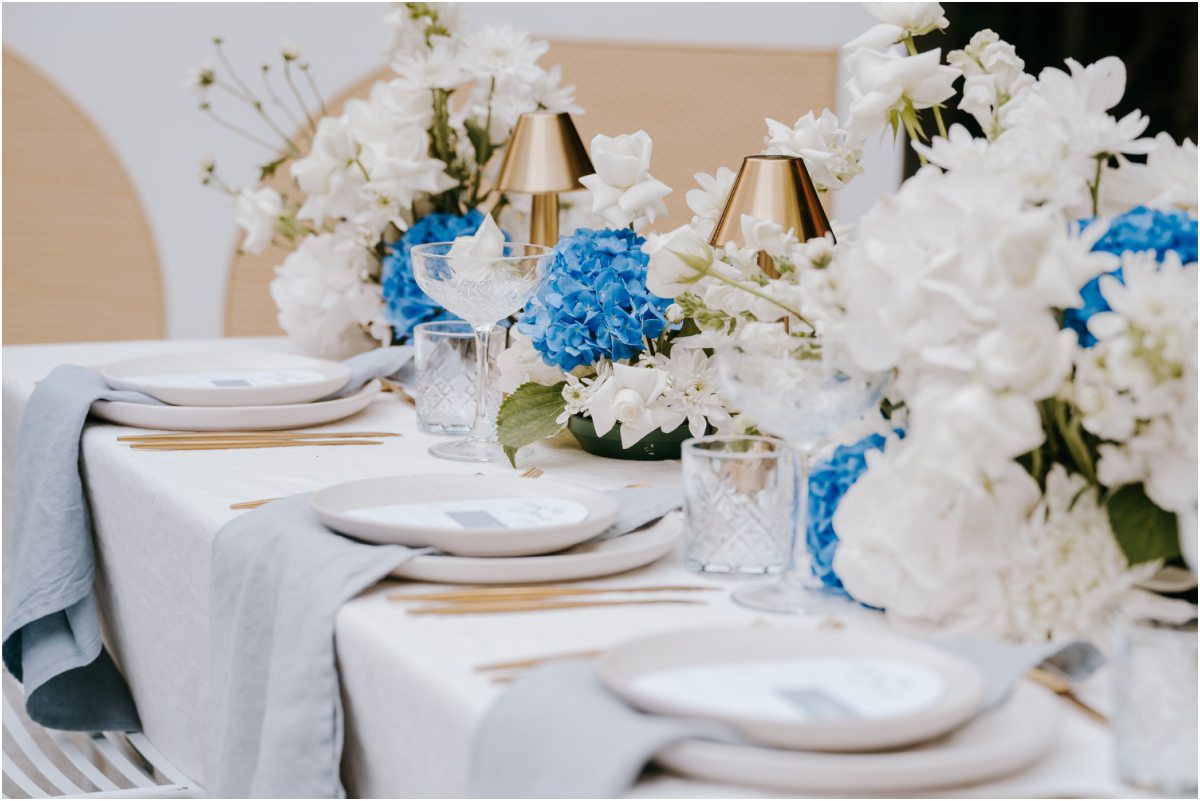 Elegant white and blue hydrangea wedding centerpieces styled by The Little Hire Company.
