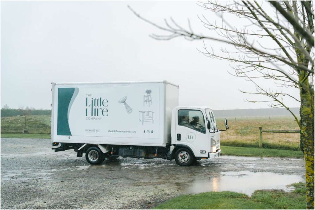 The Little Hire Company delivery truck arriving at Cossars Wineshed wedding venue in Canterbury.