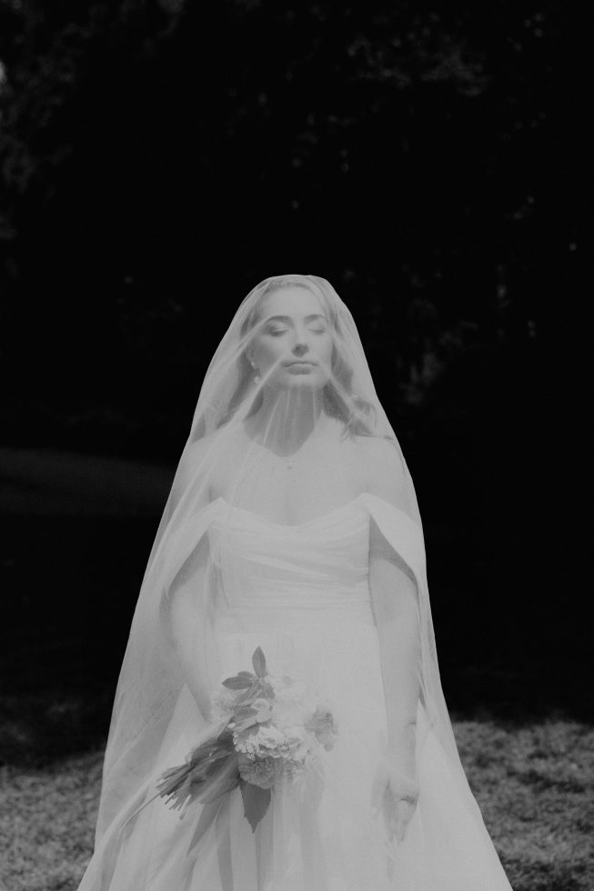 Editorial black and white bridal portrait underneath the veil