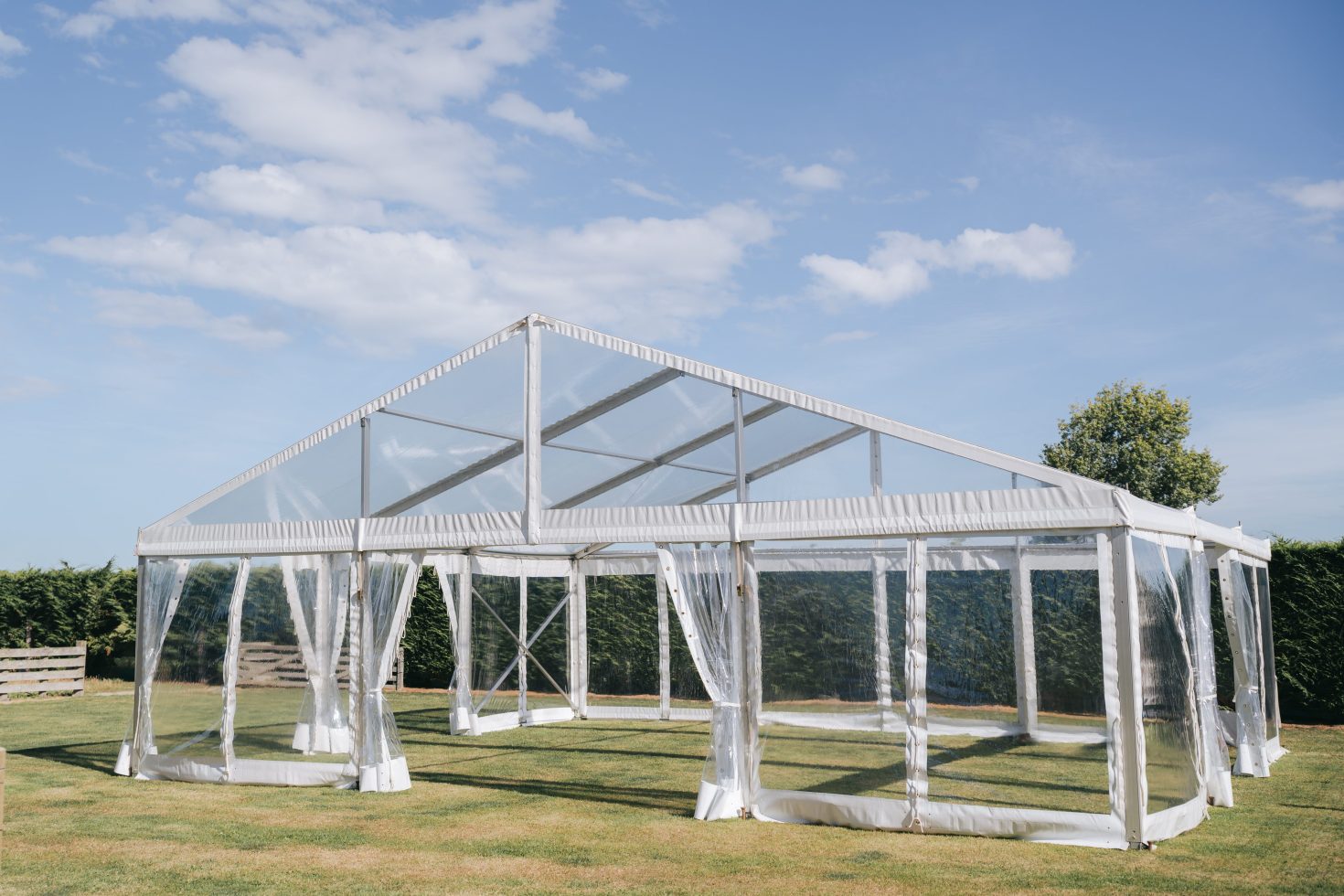Clear marquee hire structure set up for a Timaru wedding reception