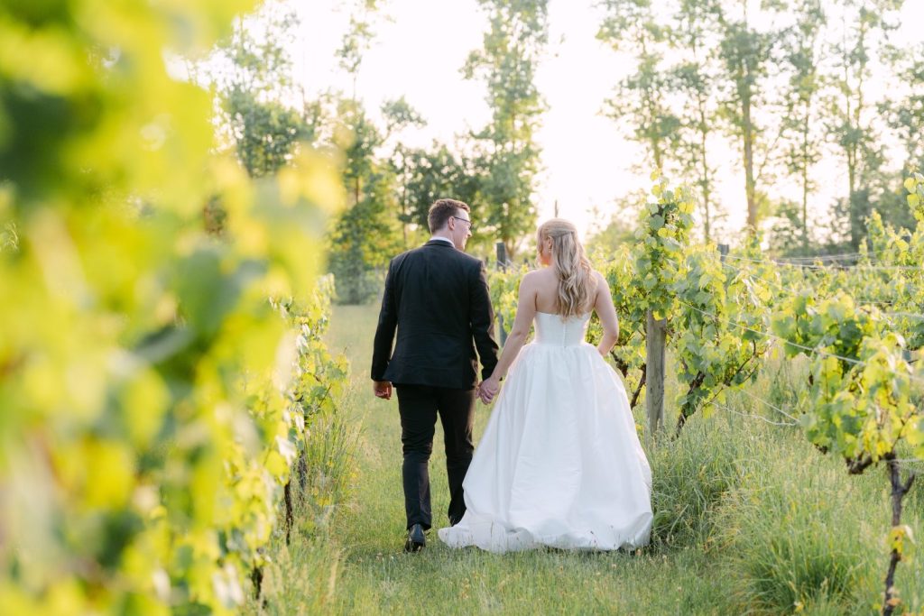 Darjon Vineyard wedding featuring Annabelle and Caleb walking through the grapevines.